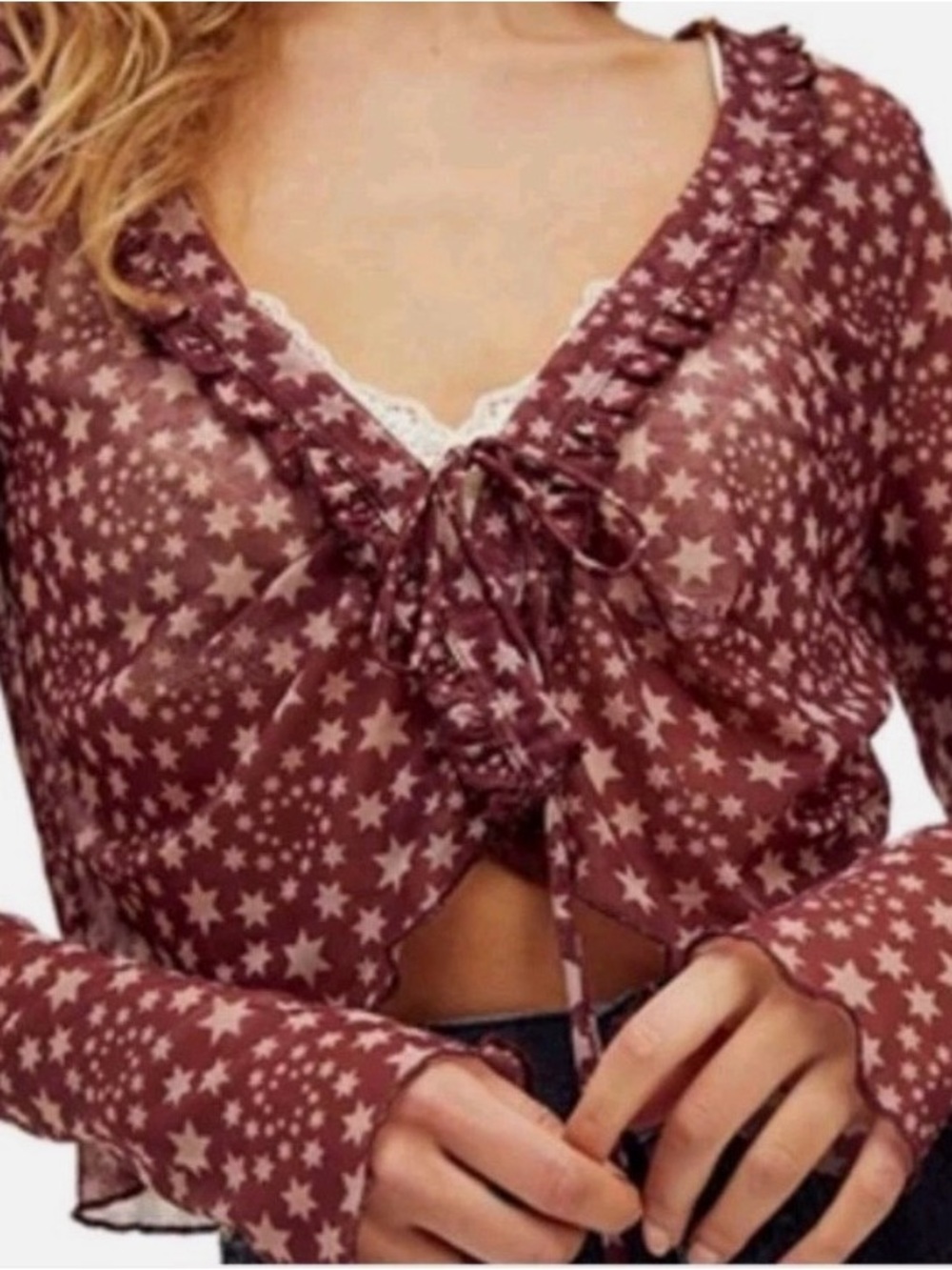 Free People Burgundy Star Print Sheer Tie-Front Chemise